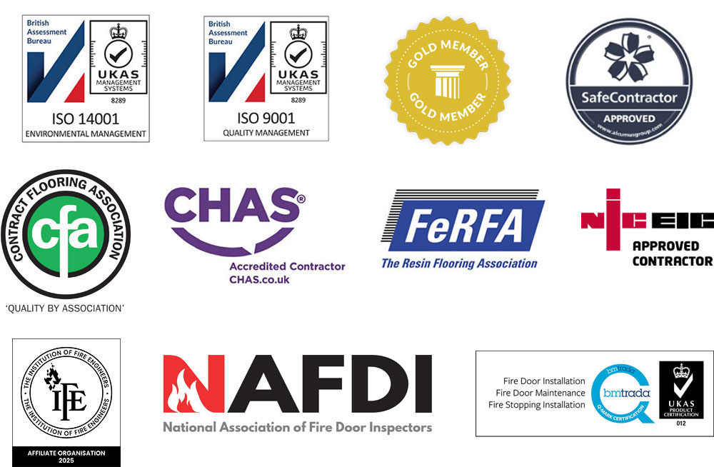 ISO 14001, ISO 9001, Constructionline Gold Member, SafeContractor Approved, CFA, CHAS Accredited Contractor, FeRFA, NICEIC Approved Contractor, IFE - Institute of Fire Engineers Affiliate Organisation 2025, NAFDI, BM TRADA Q-Mark Certification